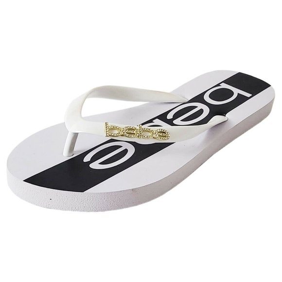 NWT BEBE WOMEN'S WHITE BLACK THONG SLIP ON SANDALS - Picture 4 of 9